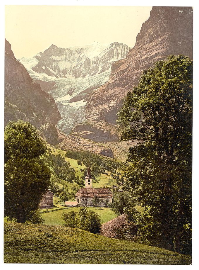 Grindelwald, church and Eiger Mountain, Bernese Oberland, Switzerland