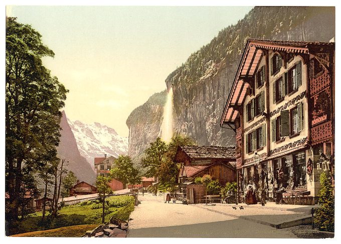 Lauterbrunnen Valley, street view with Staubbach Waterfall, Bernese Oberland, Switzerland