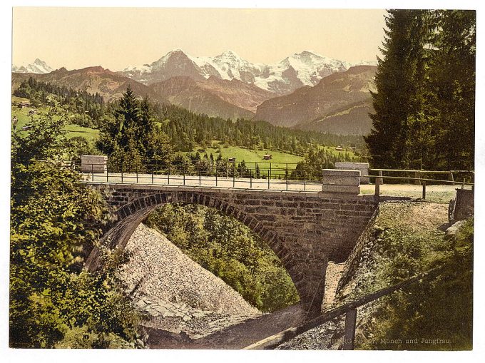 Bridge at Saint Beatenberg, with view of Mount Eiger, Mönch and Jungfrau, Bernese Oberland, Switzerland