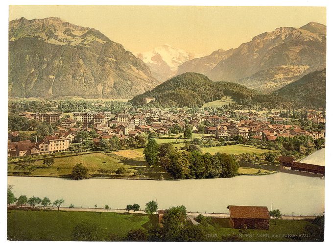 Interlaken and the Jungfrau, Aare River in foreground, Bernese Oberland, Switzerland