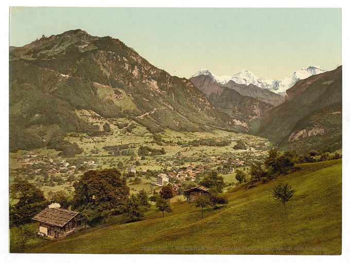 Wilderswil village, Schynige Platte, with Mount Eiger, Mönch, and Jungfrau, Bernese Oberland, Switzerland