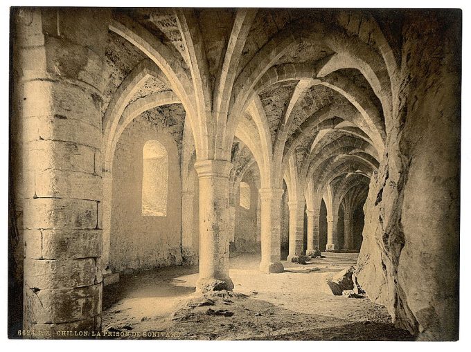 Chillon Castle, interior, Bonivard's Prison, Geneva Lake, Switzerland