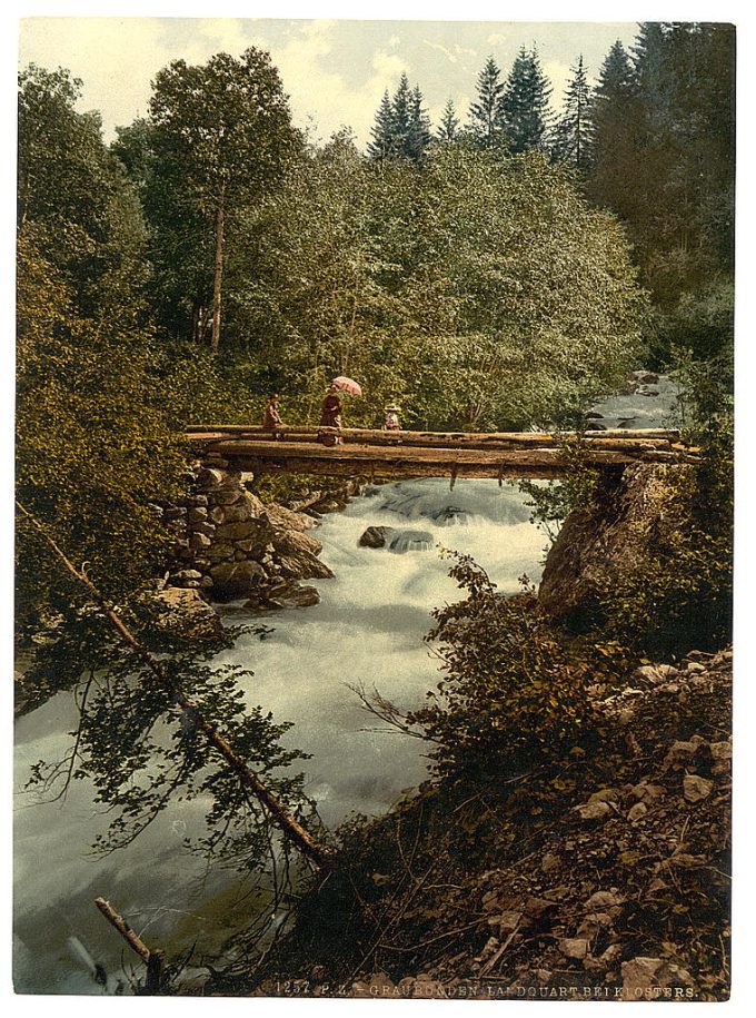 Klosters, gorges of the Landquart, with footbridge, Grisons, Switzerland