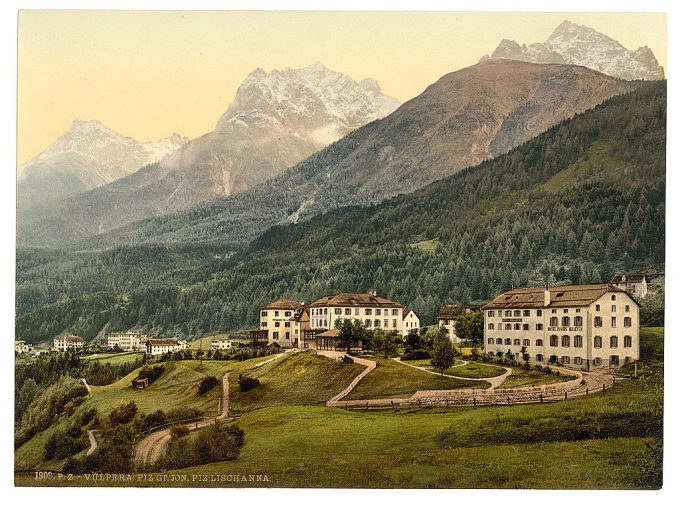 Lower Engadine, Vulpera with Mountains, Grisons, Switzerland