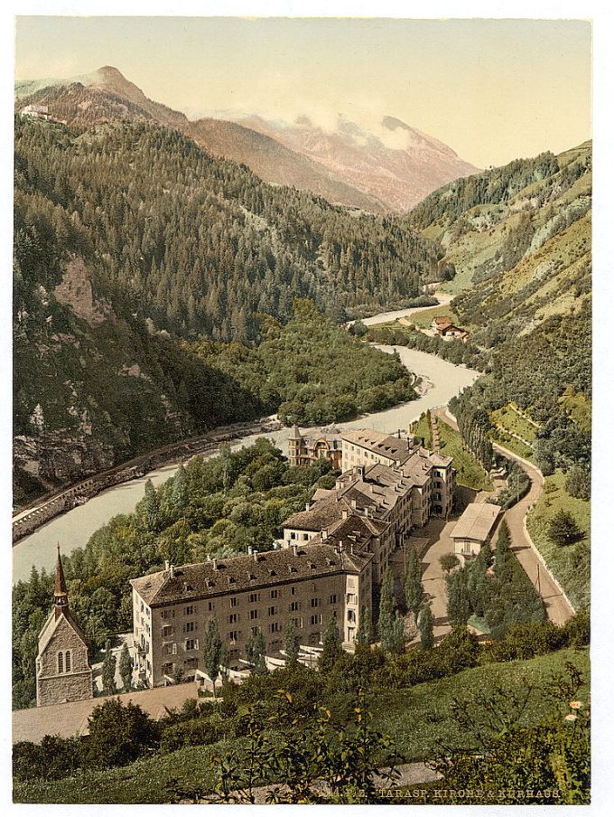 Lower Engadine, Tarasp, Kurhaus and church, Grisons, Switzerland