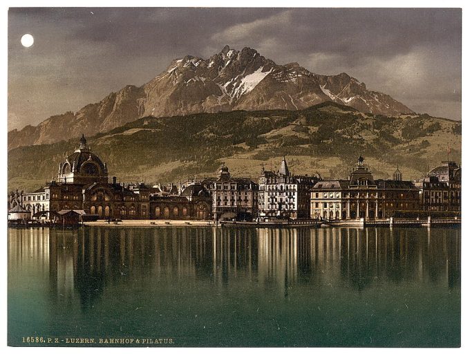 Railway station and Pilatus by moonlight, Lucerne, Switzerland