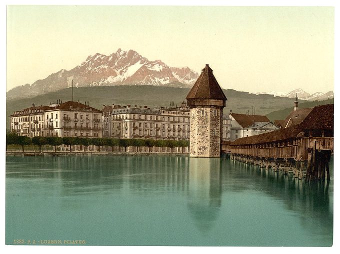 Chapel Bridge and view of Pilatus, Lucerne, Switzerland