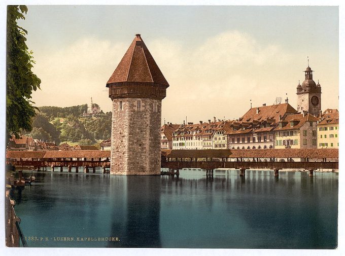 Chapel Bridge and view of Pilatus, Lucerne, Switzerland