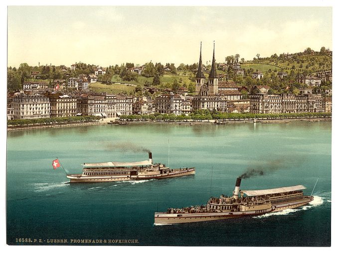 Promenade and cathedral, with two small steamers, Lucerne, Switzerland