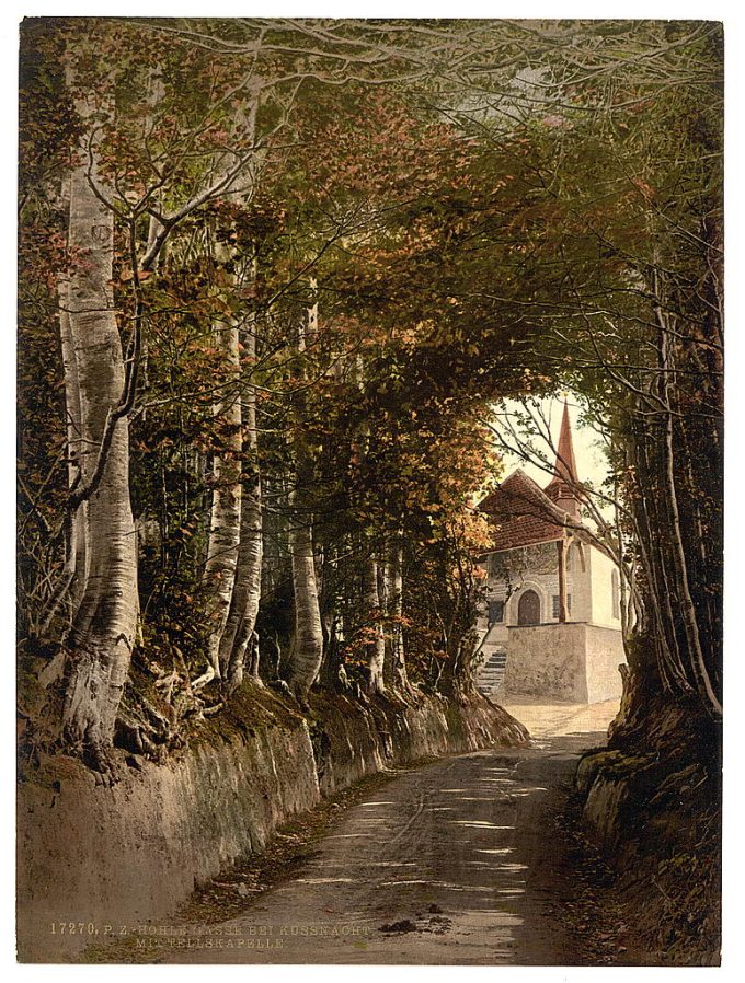 Tell's Chapel, the lane through the woods near Kussnacht, showing the chapel, Lake Lucerne, Switzerland