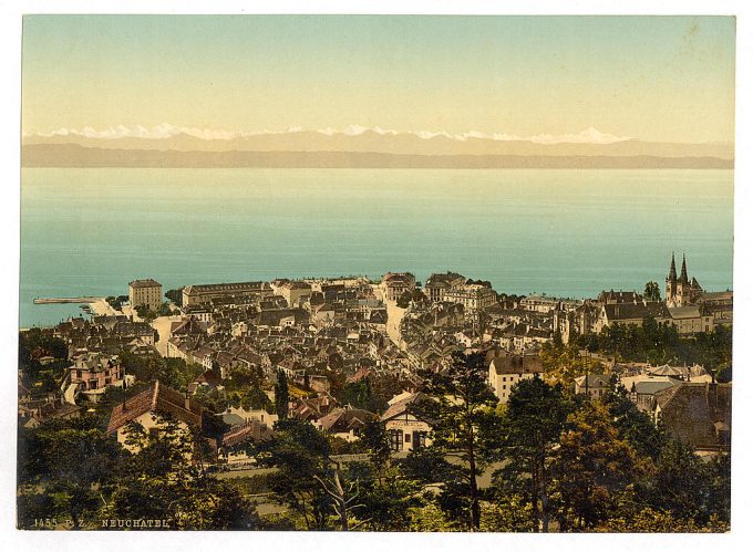 The town, general view showing the Alps, Neuchatel, Switzerland