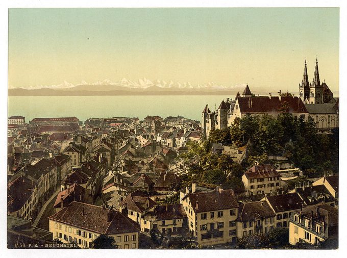 The town, general view showing the alps, Neuchatel, and the castle, Switzerland
