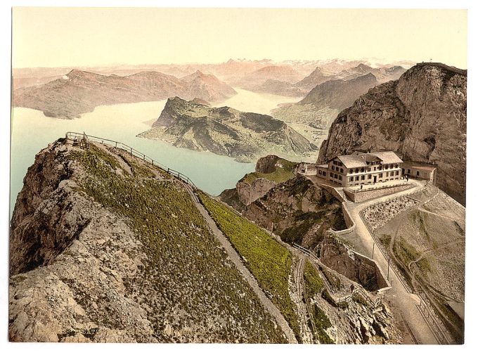 Railway, from Oberhaupt, towards Lake of Four Cantons, with Old Hotel and Esel, Pilatus, Switzerland