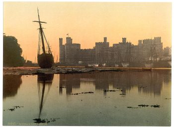 General view, sunset, Carnarvon Castle, Wales