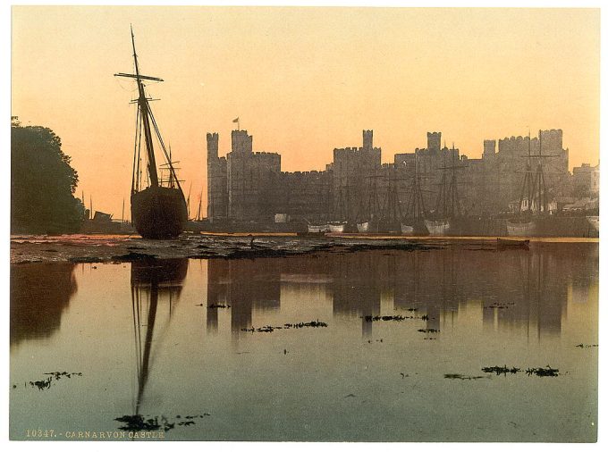 General view, sunset, Carnarvon Castle, Wales