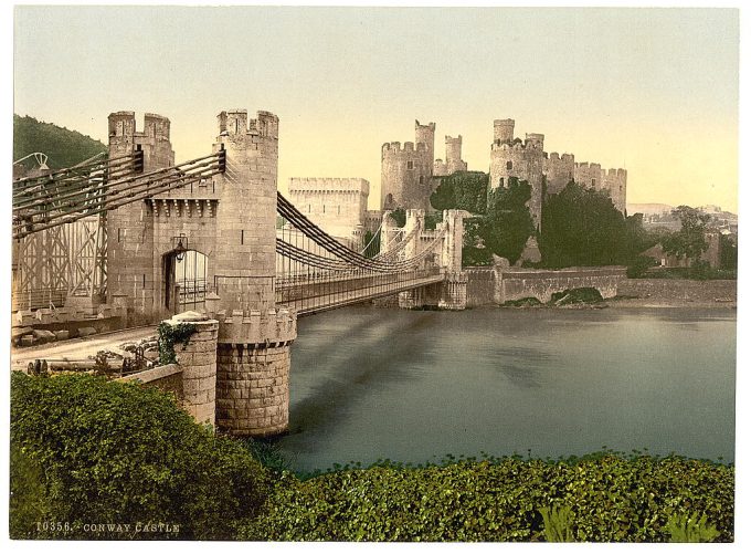 Castle and suspension bridge, Conway (i.e. Conwy), Wales