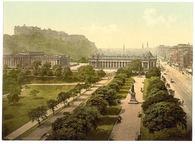 Princess Street and castle from Scott's Monument, Edinburgh, Scotland