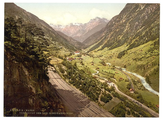 Wassen, view of the Three Tracks, St. Gotthard Railway, Switzerland