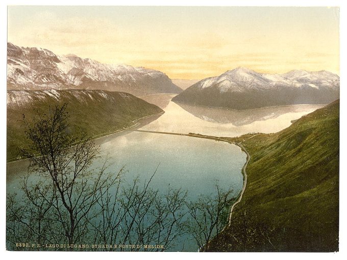 Lugano, road and bridge to Melide, Tessin, Switzerland