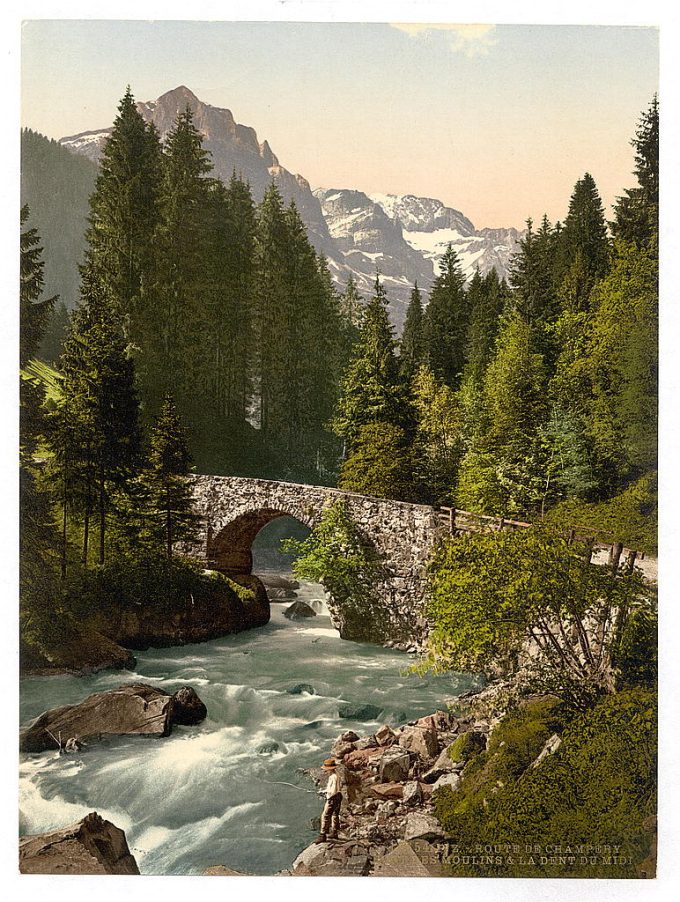 Champéry, Moulins Bridge and Dent du Midi on the Road to Champéry, Valais, Alps of, Switzerland