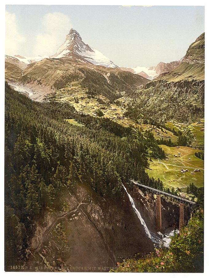 The Matterhorn and the Findelenbach Bridge, Valais, Alps of, Switzerland