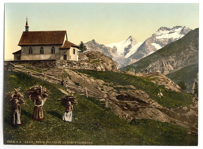 Saas Fee, church and Rimpfischhorn, Valais, Alps of, Switzerland