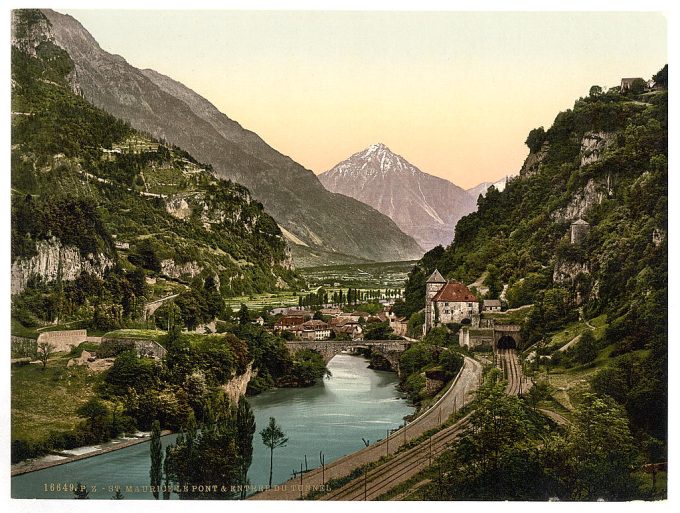 St. Maurice, the bridge and entrance to tunnel, Valais, Alps of, Switzerland