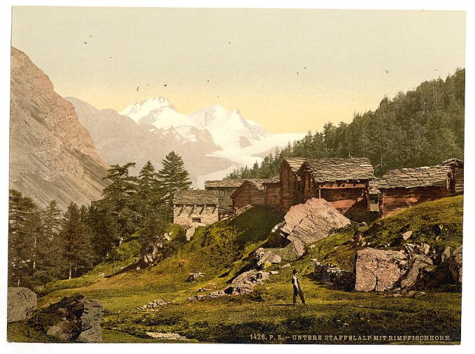 Staffel Alp and Rimpfischhorn, with chalets, Valais, Alps of, Switzerland