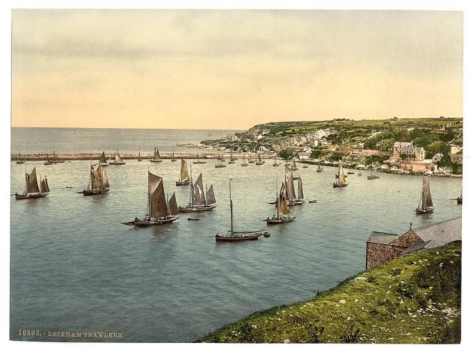 Trawlers leaving harbor, Brixham, England