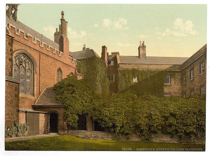 Queen's College Cloisters with Erasmus Tower, Cambridge, England