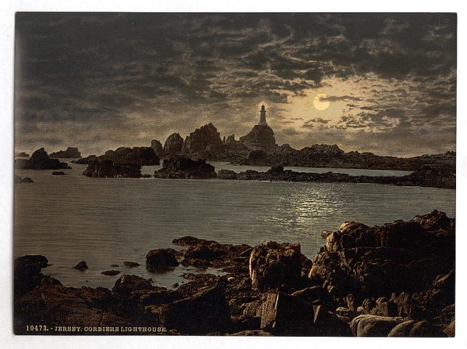 Jersey, Corbiere Lighthouse by moonlight, Channel Islands, England