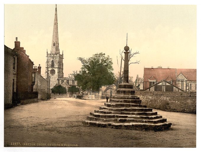 Repton Cross, church and school, Derbyshire, England