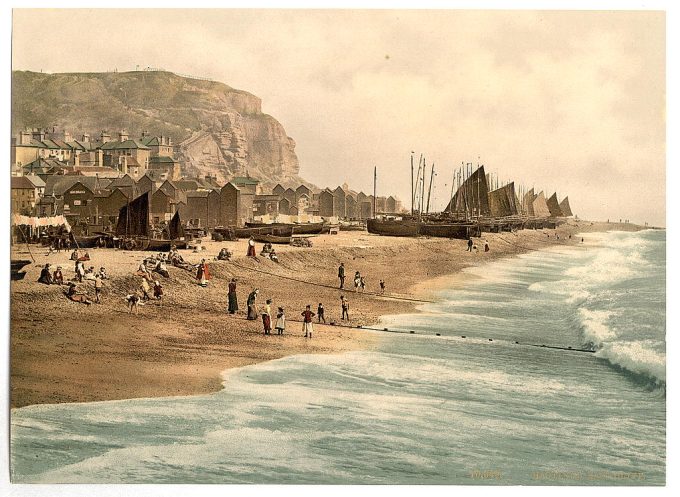 East Cliff, with beach and fish market, Hastings, England