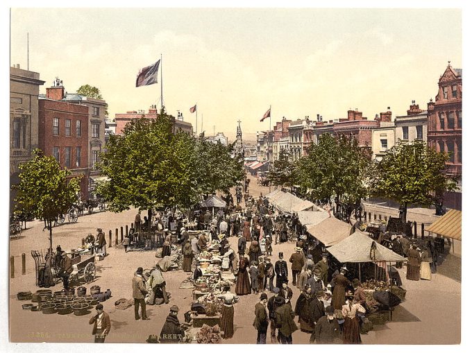 The parade (i.e., promenade), Market Day, Tannton, England