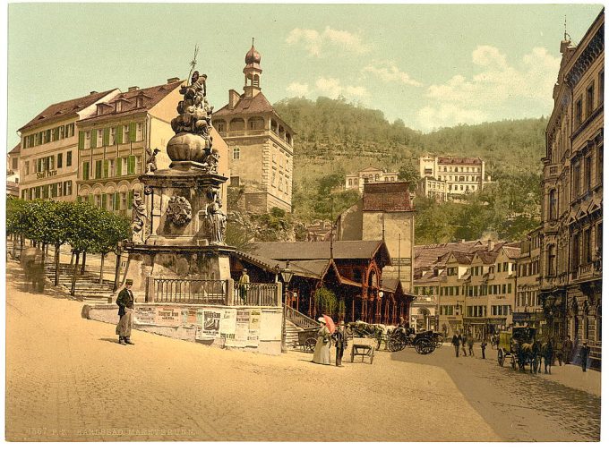 The market fountain, Carlsbad, Bohemia, Austro-Hungary