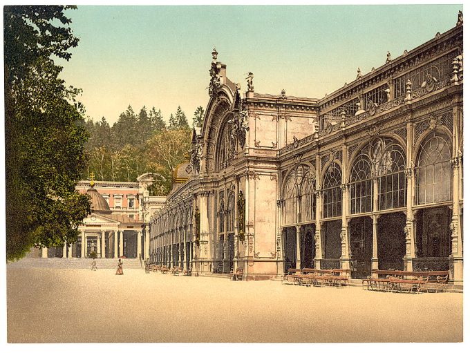 The Kruezbrunnen (i.e., Kreuzbrunnen) Colonnade, Marienbad, Bohemia, Austro-Hungary
