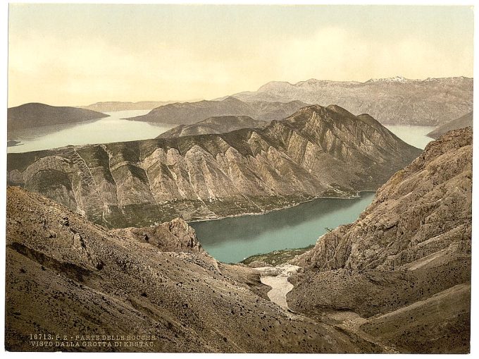 Cattaro, view of the gulf from Krstac Grotto, Dalmatia, Austro-Hungary
