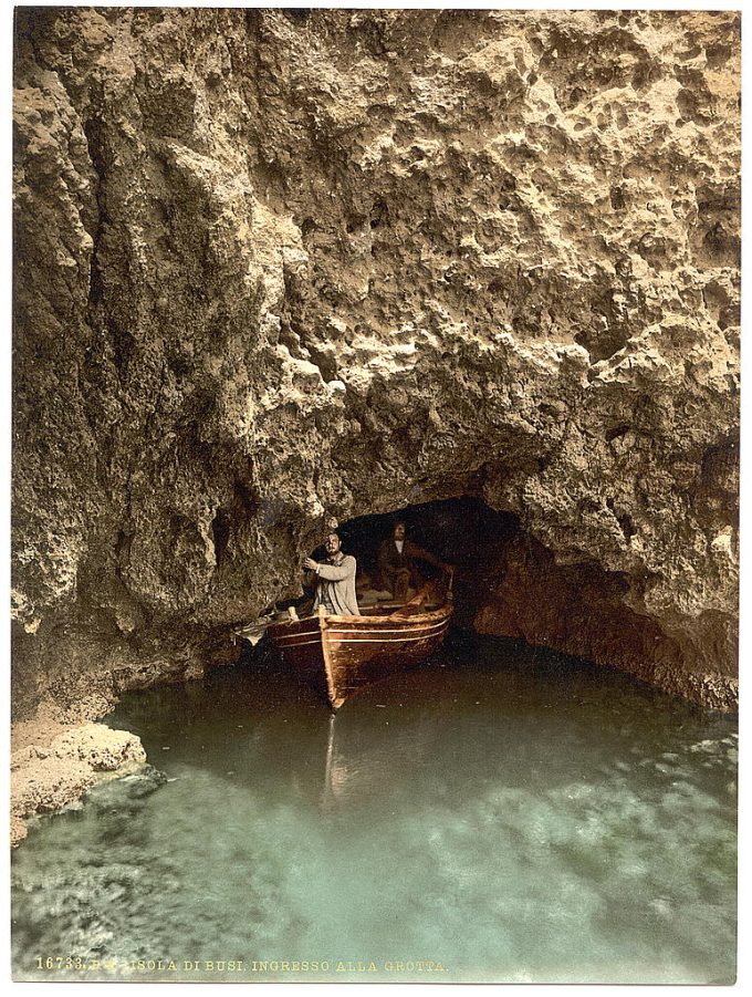 Island of Busi, entrance to cave, Dalmatia, Austro-Hungary