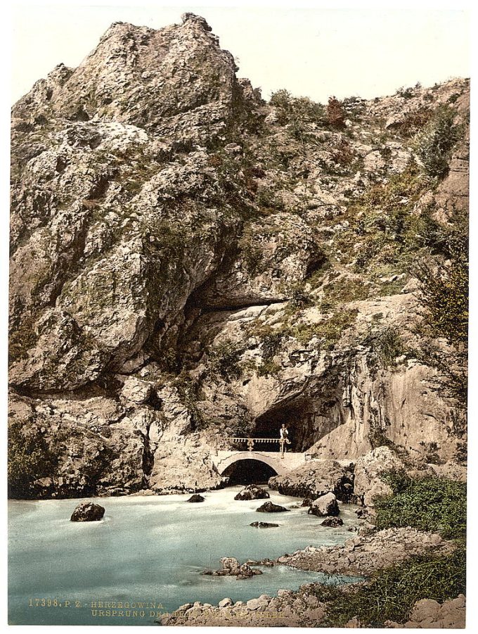 Trebinjica (i.e., Trebisnjica) River, the source, Herzegowina, Austro-Hungary