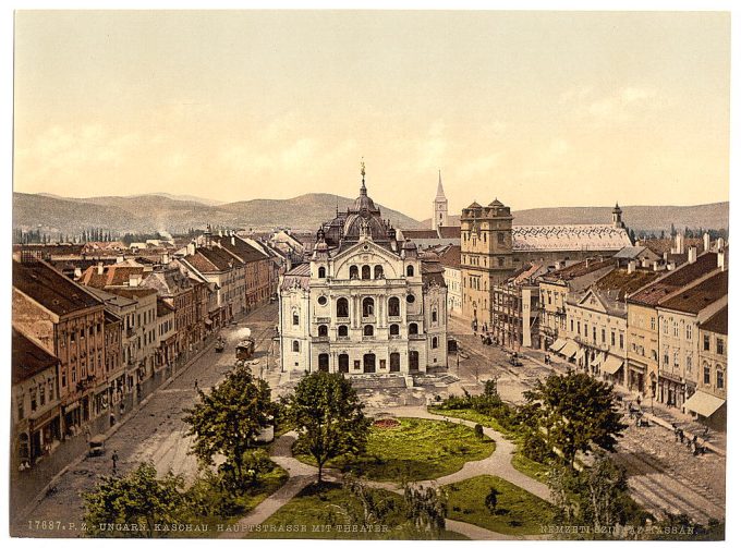 High Street and theatre, Kaschau, Hungary, Austro-Hungary