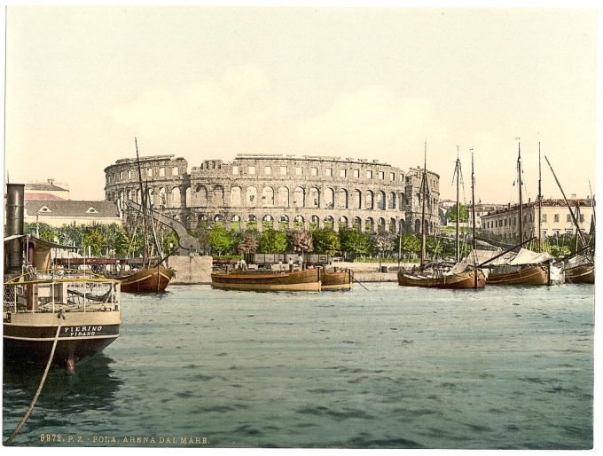 Pola, the arena, from the sea, Istria, Austro-Hungary