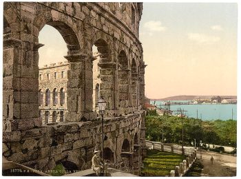 Pola, the arena, with view of the sea, Istria, Austro-Hungary