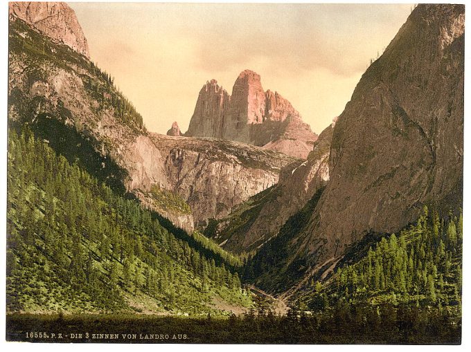 Landro, the Three Spires (i.e., Drei Zinnen), Tyrol, Austro-Hungary