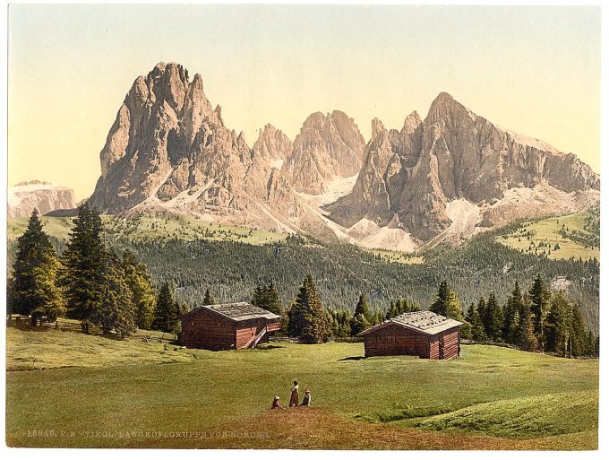 Laugkofigruppe (i.e., Langkofelgruppe), from the north, Tyrol, Austro-Hungary