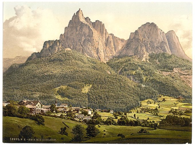 Seiz (i.e., Seis), with the Schlern, Tyrol, Austro-Hungary