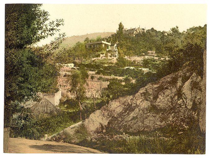 Terraced hillside with buildings and trees