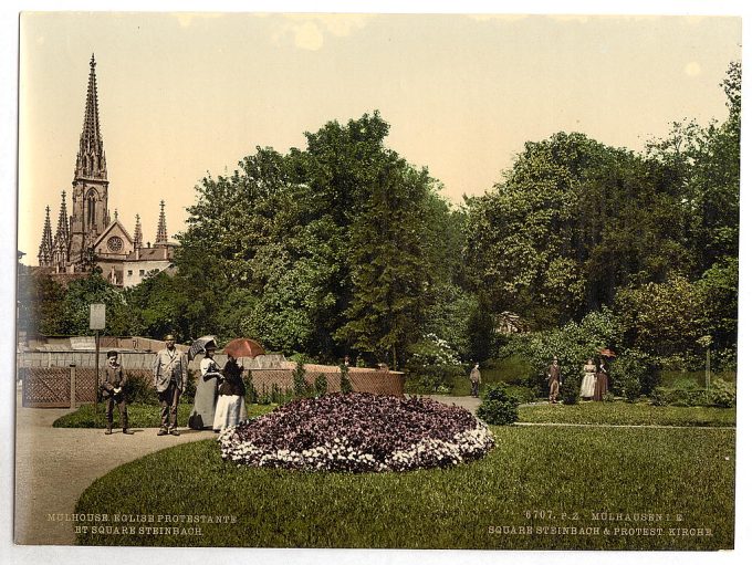 Steinbach Square and protestant church, Mulhausen, Alsace Lorraine, Germany