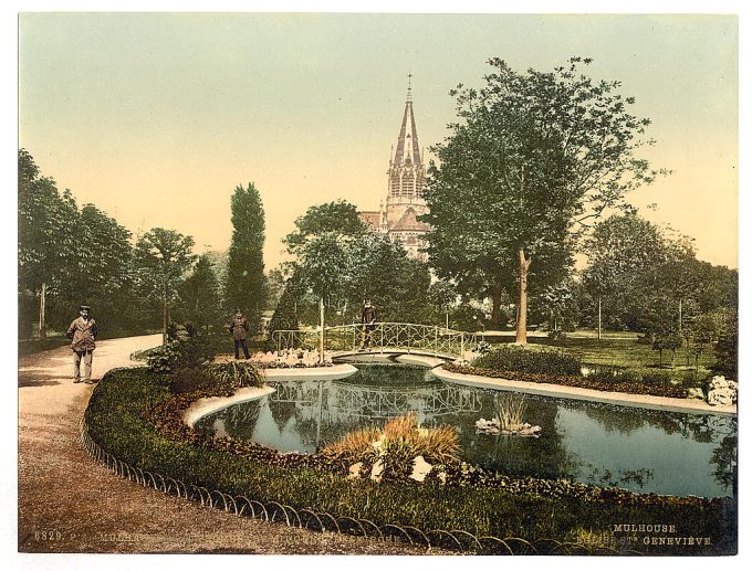 Promenade and St. Genieve Church, Mulhausen, Alsace Lorraine, Germany
