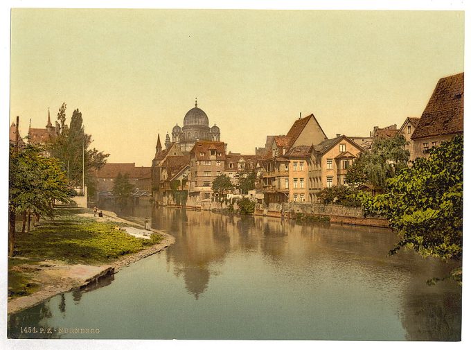 The Pegnitz shore and synagogue, Nuremberg, Bavaria, Germany