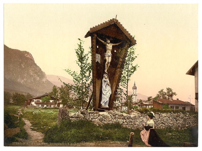 View showing crucifix, Garmisch, Upper Bavaria, Germany